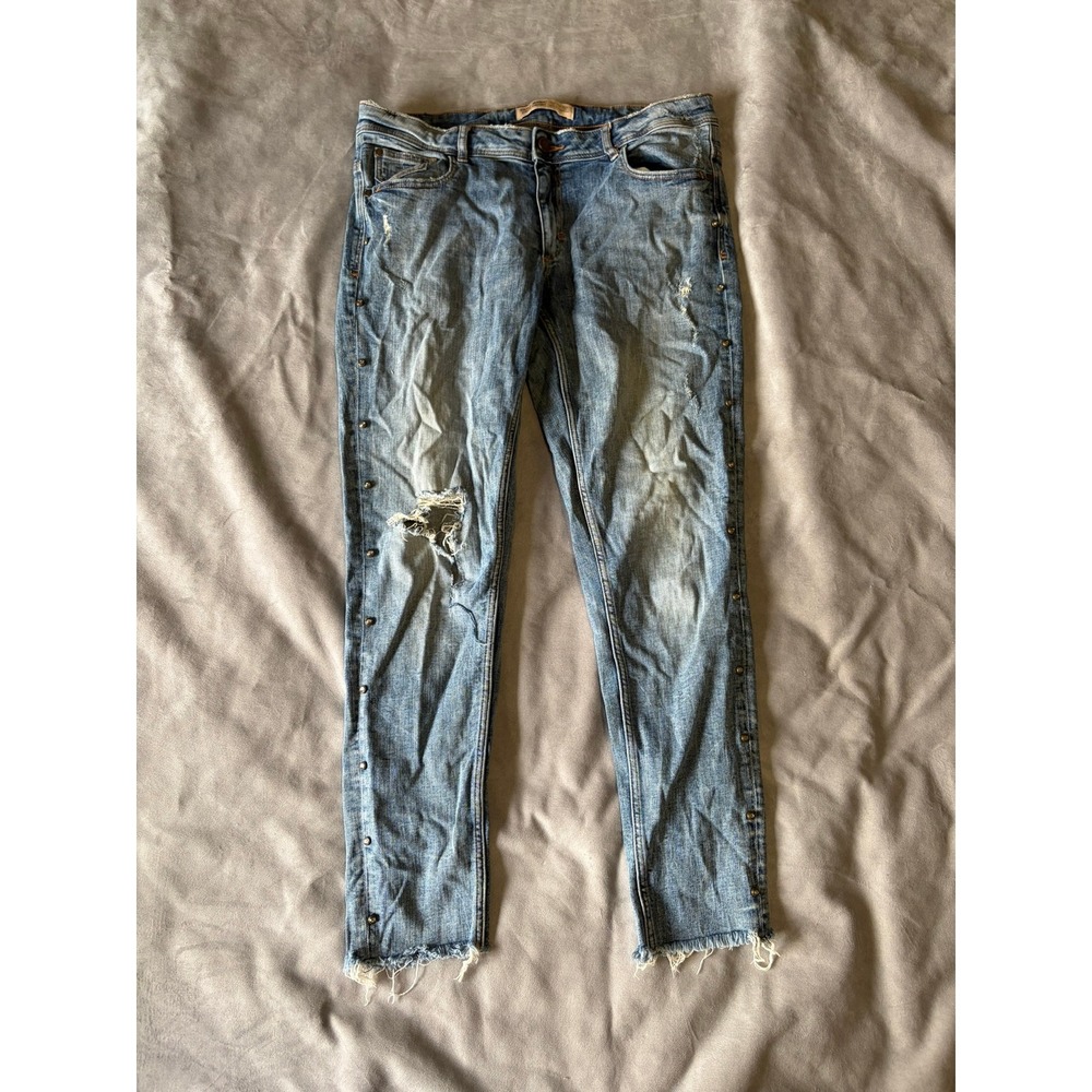 Zara Basic Z1975 Denim Distressed Studded Skinny Jeans Blue Size 10 Medium Wash